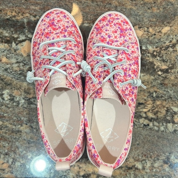 58. Sperry, Crest Vibe Floral Pink Boat Shoes Women’s Sz. 9.5 W. Leather laces - Picture 2 of 15